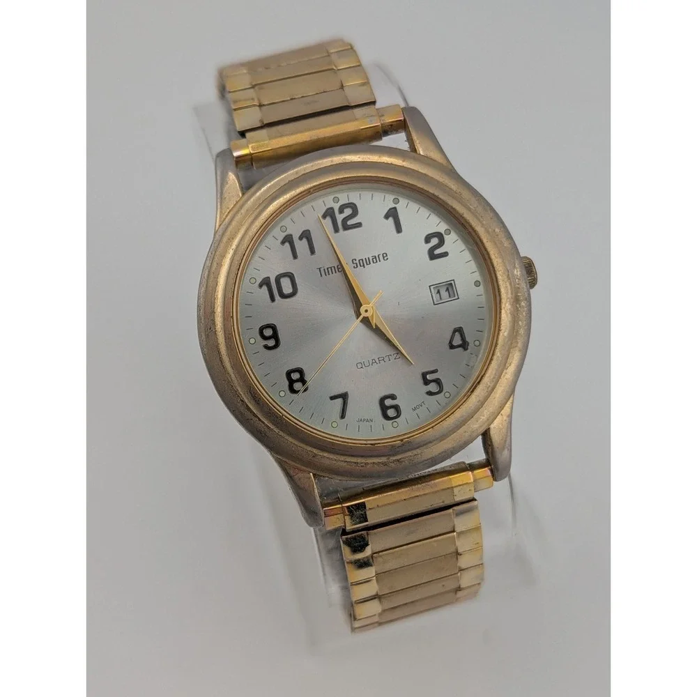 Times Square Men's Watch 37mm Case Gold Stretch Band- New Battery